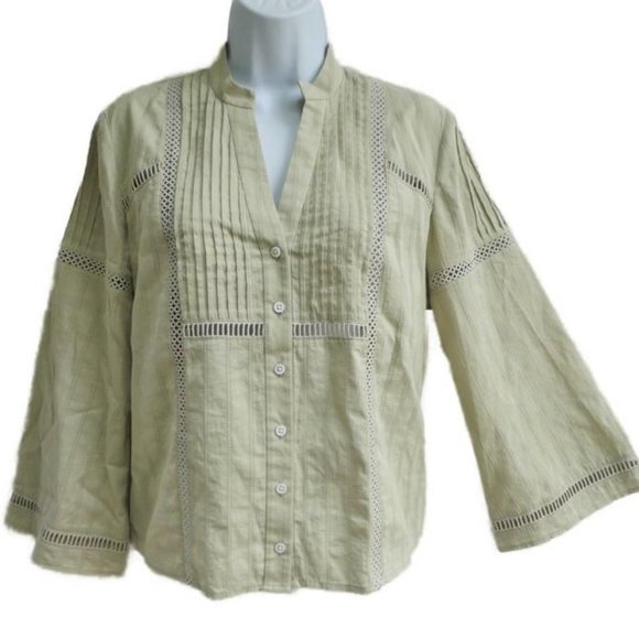 Club Monaco Blouse Button Front Beige Pintuck Inset Lace Macrame Band Collar S - Picture 2 of 7